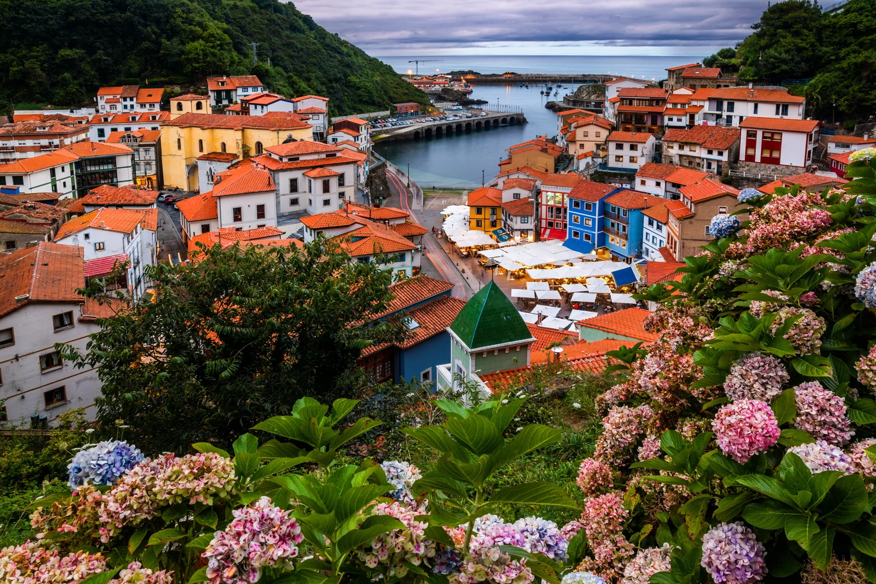 Cudillero, picturesque fishing village at sunset, Asturias, Spain