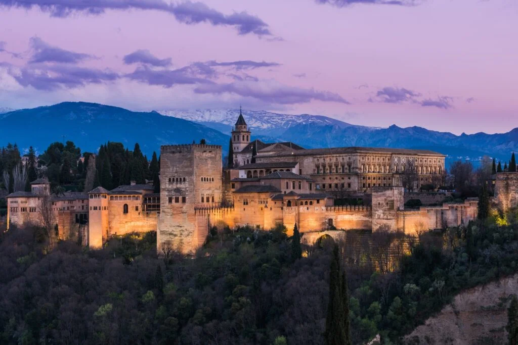 Illuminated Arabic Alhambra palace in Granada,Spain